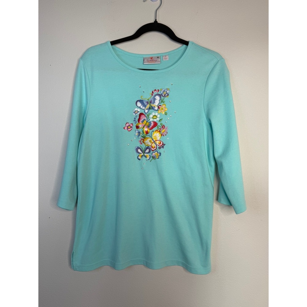 Quacker Factory Women's Turquoise Butterfly Embroidered Rhinestone Top Small